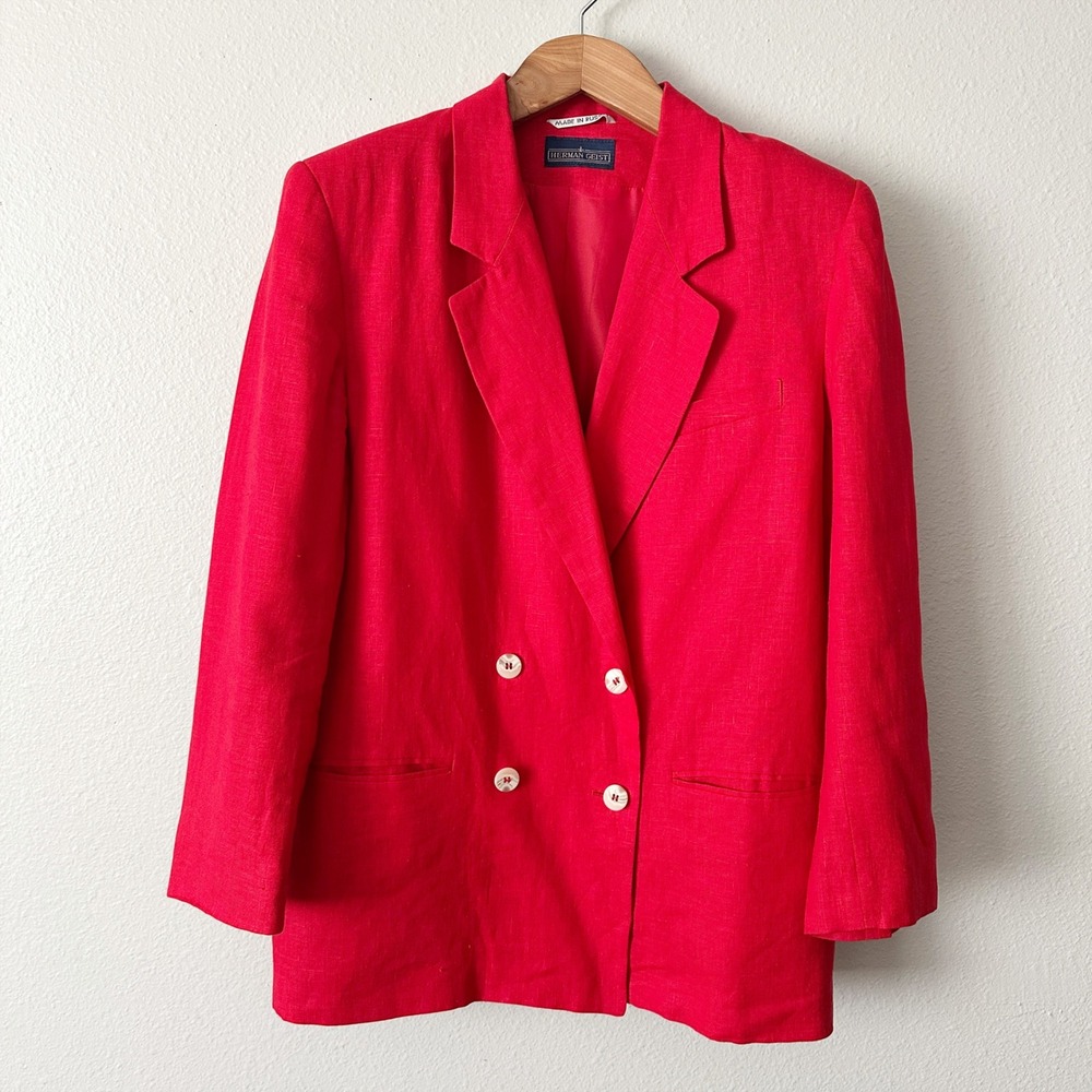 Vintage Herman Geist Red Double Breasted Linen Blend Blazer Jacket Size 12